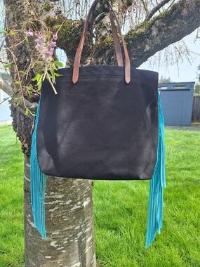Black Tote Bag with Turquoise Fringe - Women Bags